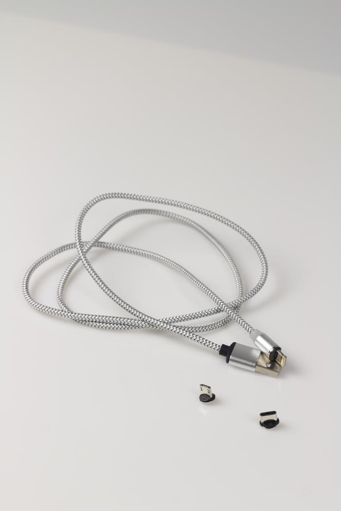 Kabel magnetyczny 3in1 w oplocie szybkie ładowanie USB lightning C srebrny
