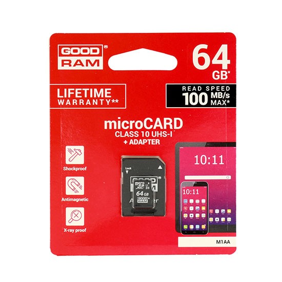 Karta pamięci micro sd GOODRAM 64GB z adapterem UHS I CLASS 10 100MB/s