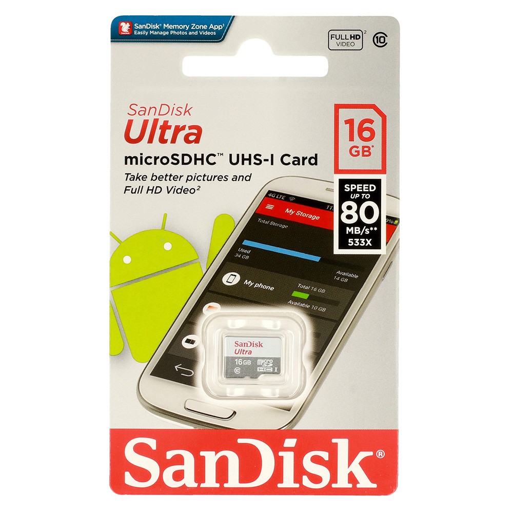 Karta pamięci micro sd SANDISK ULTRA 16 GB 80MB/s Class 10 UHS-I bez adaptera