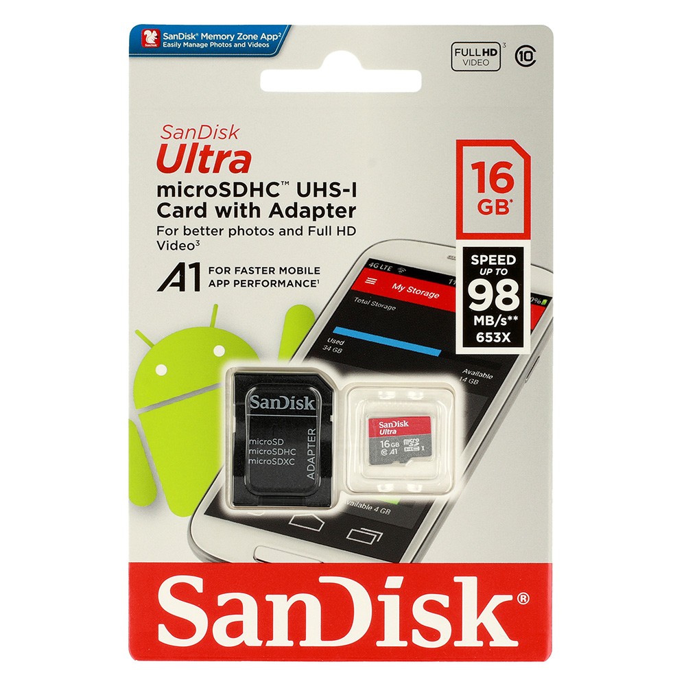 Karta pamięci micro sd SANDISK ULTRA A1 16 GB 98MB/s Class 10 UHS-I + adapter