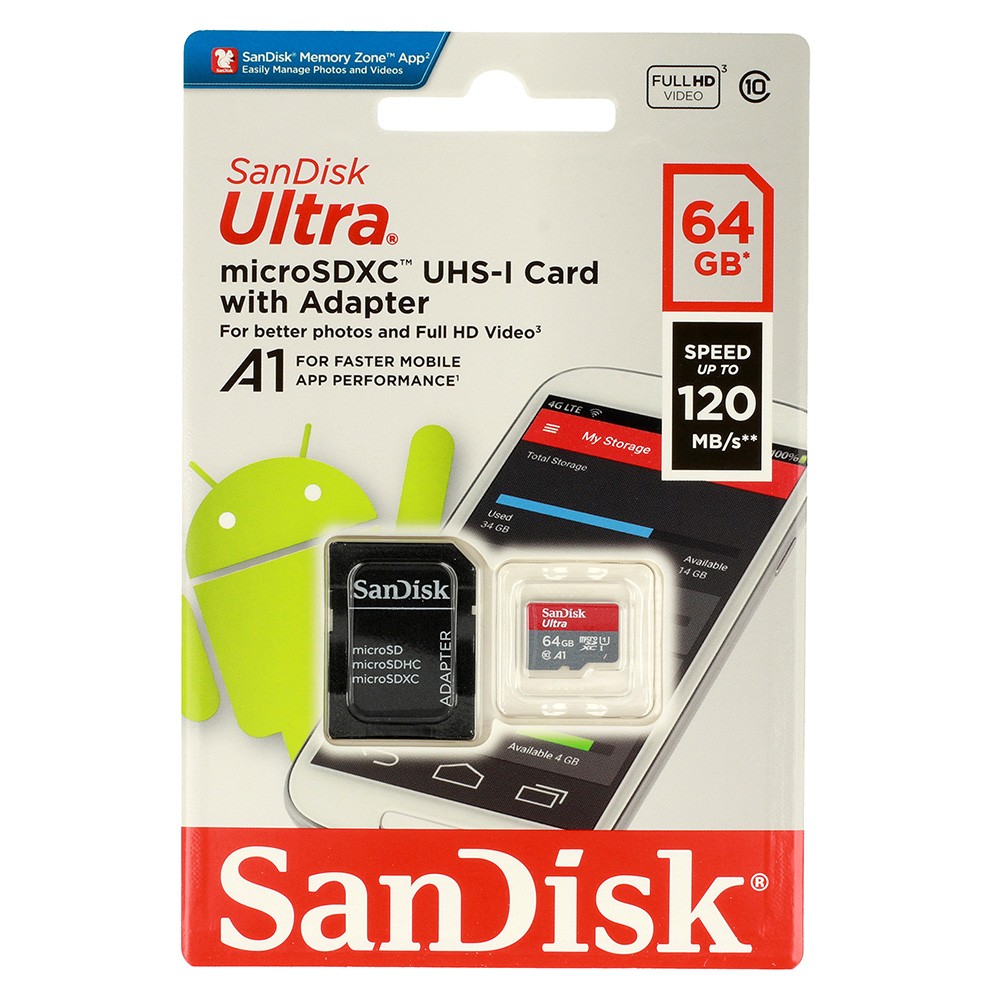 Karta pamięci micro sd SANDISK ULTRA A1 64 GB Class 10 120MB/s UHS-I + adapter