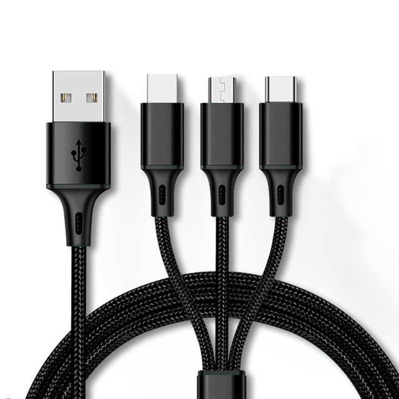 Kabel USB – 3 w 1 metalowe końcówki – Lightning / USB Typ C / Micro USB , 1.2 metra Czarny