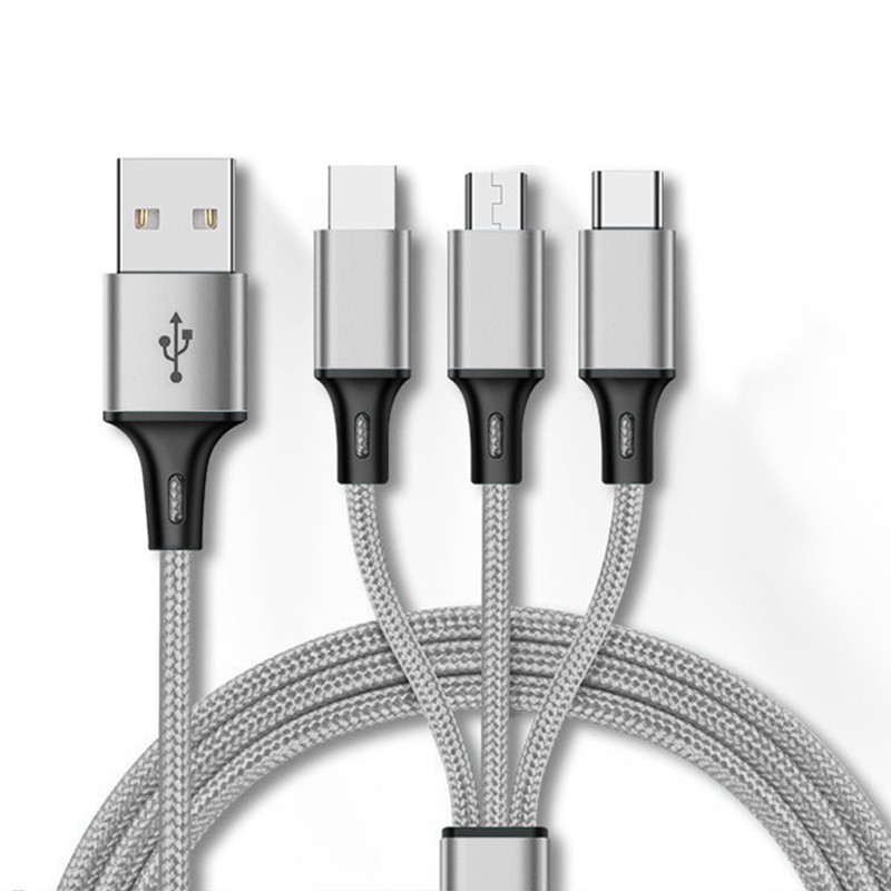 Kabel USB – 3 w 1 metalowe końcówki – Lightning / USB Typ C / Micro USB , 1.2 metra Srebrny