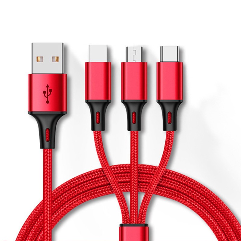 Kabel USB – 3 w 1 metalowe końcówki – Lightning / USB Typ C / Micro USB , 1.2 metra Czerwony