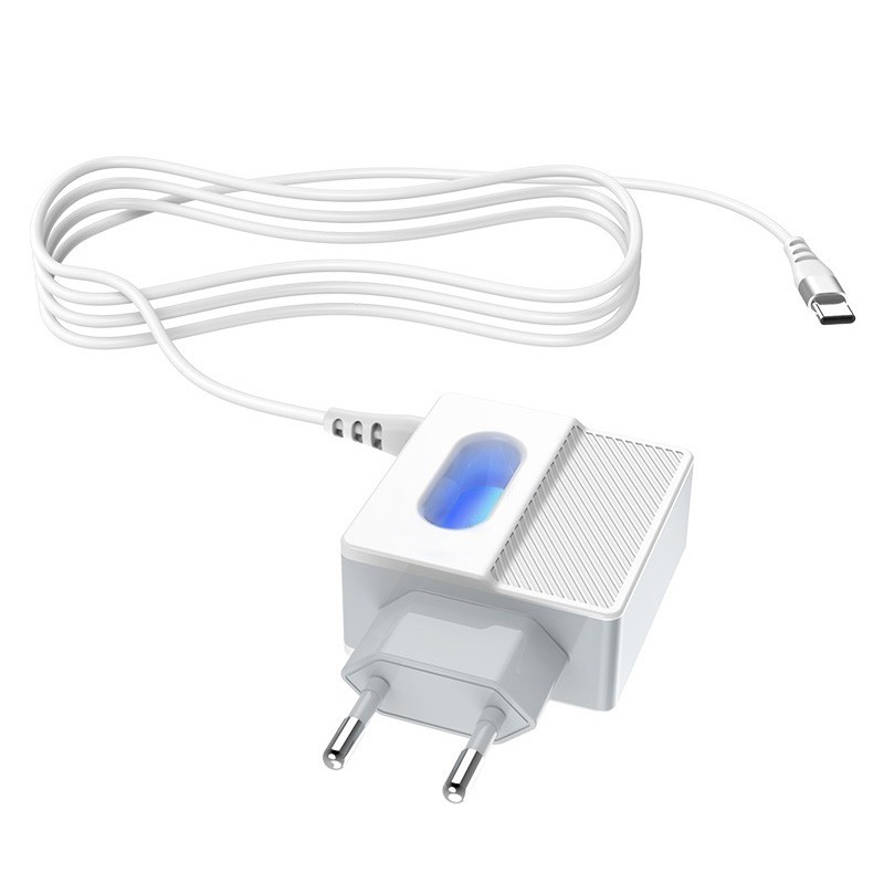 Ładowarka sieciowa Hoco Imperious – podświetlana, 2xUSB 2,4A z kablem USB Typ C Biała